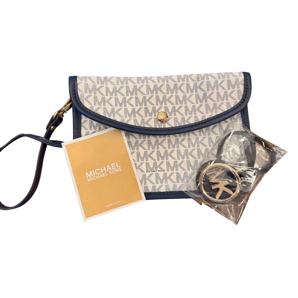 Michael Kors Wristlet Clutch Navy Blue Cream Monogram MK Logo Gold Hardware Bag